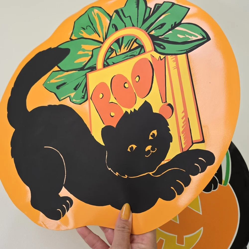 Vtg 80s Vinyl Halloween Placemats Black Cat Spooky Ghost Vinyl Nostalgia Round‎